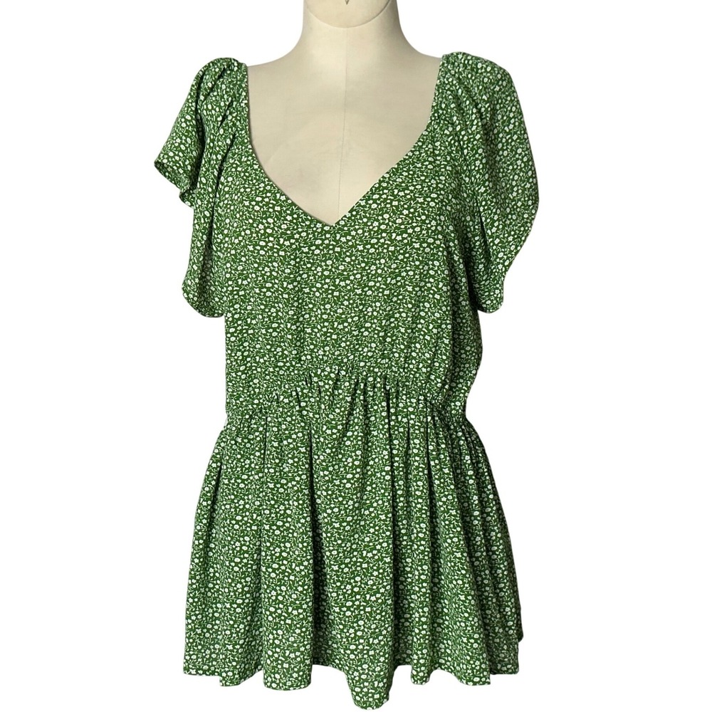 Staccato Green Ditsy Floral Flutter Sleeve Babydoll Peplum Top V-Neck Sm 18581